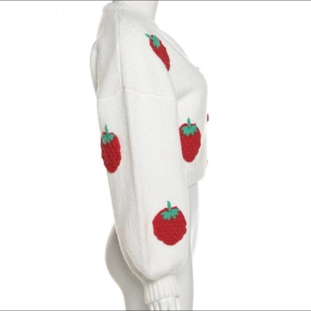 16-trendy y2k red and white Strawberry Sweater  cardigan boho chic fruit print - Picture 9 of 10